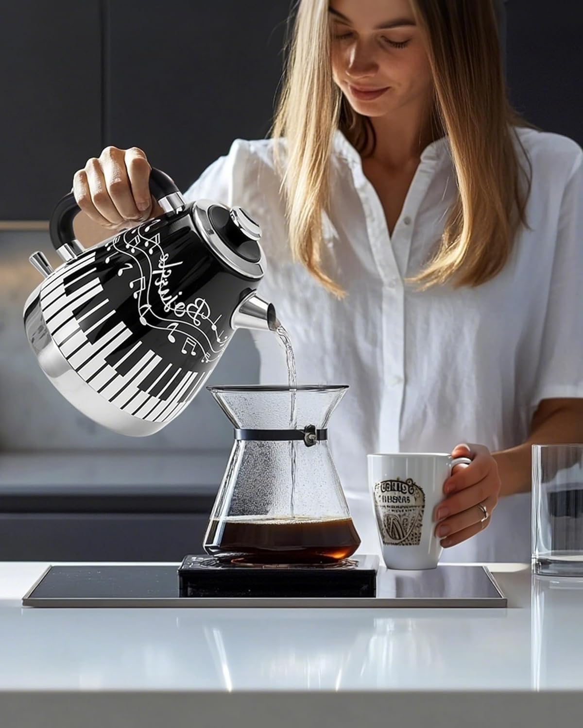 Artistic Electric Kettle with Hand-Applied Piano Keys and Music Note Stickers - 1.7L Stainless Steel Tea Kettle with LED Indicator, BPA-Free, 1200W Rapid Boil, Auto Shut-Off and Boil-Dry Protection