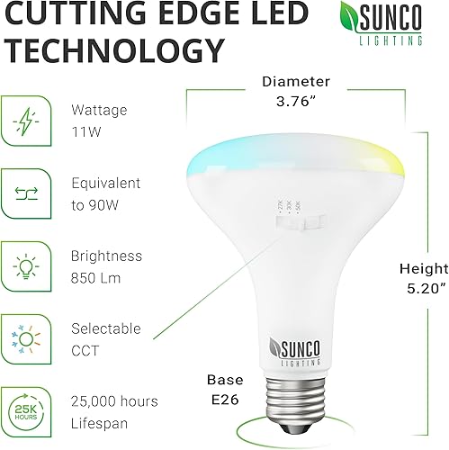 Miniatura 3 de Sunco - Paquete de 12 luces LED empotrables BR30 equivalentes a 11 W65 W, regulables 850 lúmenes seleccionables CCT 2700 K3000 K5000 K, base E26,