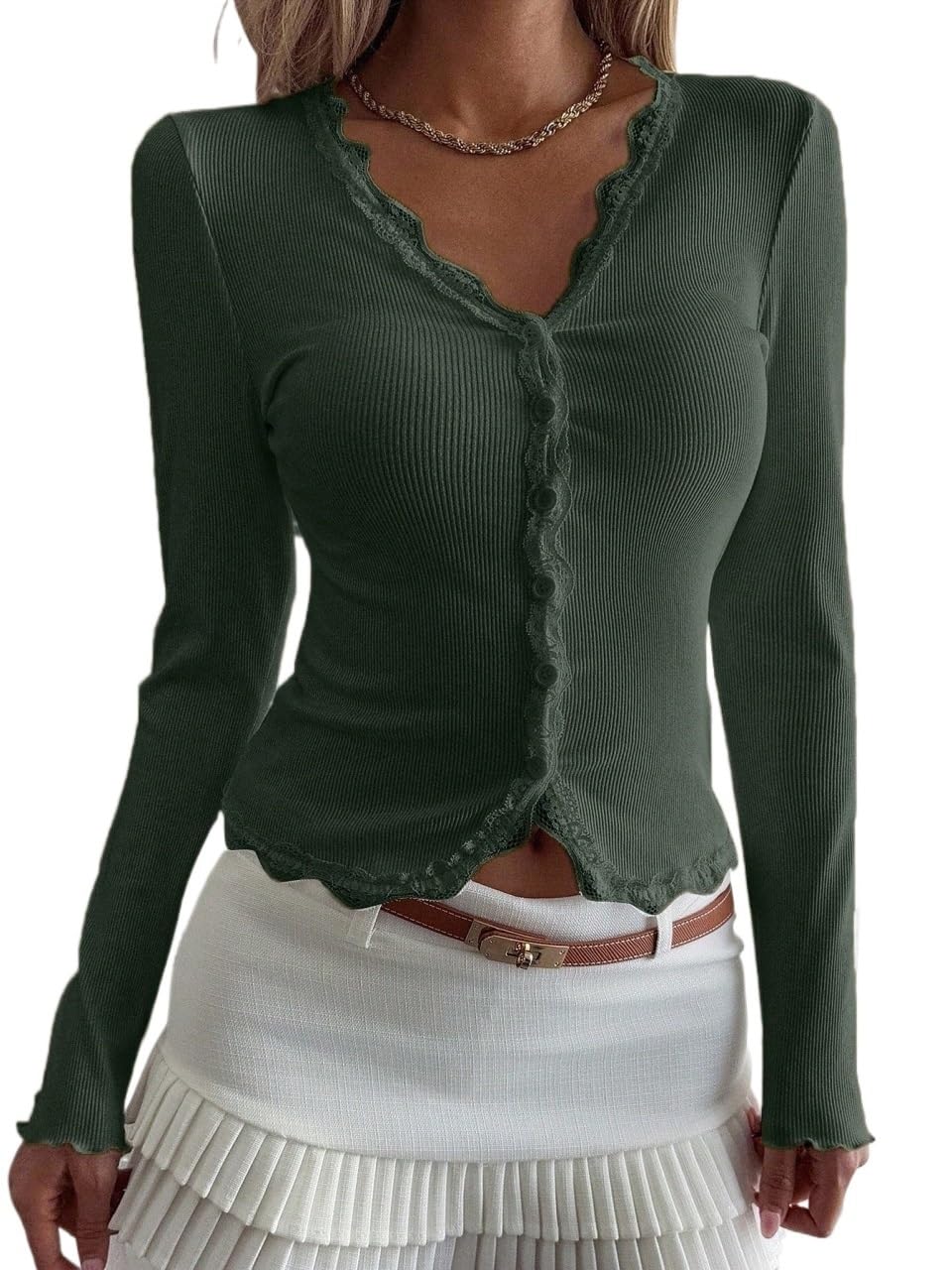 Womens Lace Ruffle Trim Fit Cardigan Long Sleeve Top