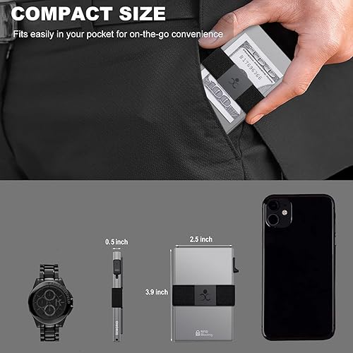 Miniatura 6 de Cartera delgada de aluminio para hombre, placa trasera expandible duradera, bloqueo RFID, billetera desplegable de metal minimalista, con capacidad