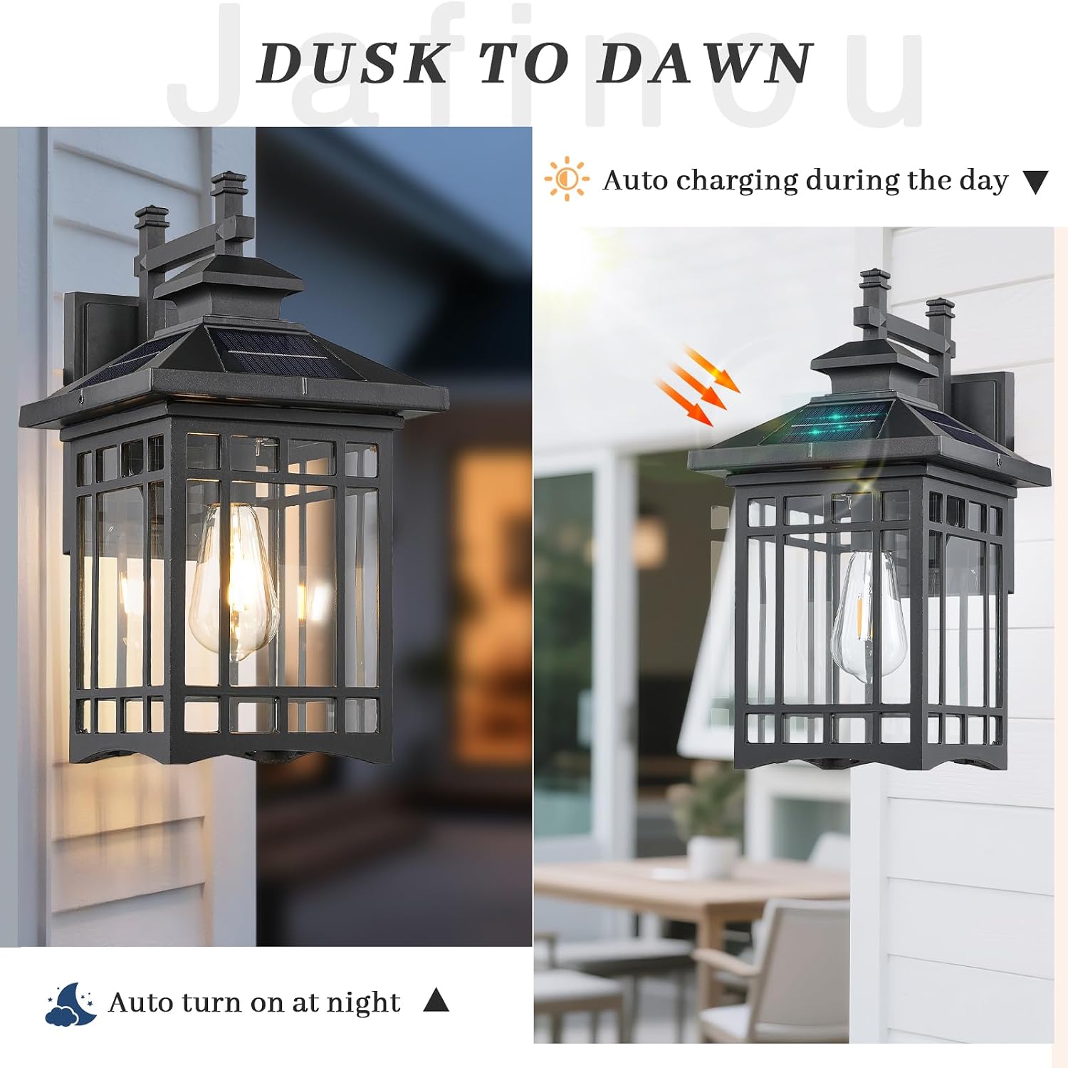 Solar Wall Light 16.5" Matte Black - Dusk to Dawn Outdoor Lighting with Tempered Glass Shade, Waterproof Aluminum Fixture for House Exterior, Porch, Patio, Garage