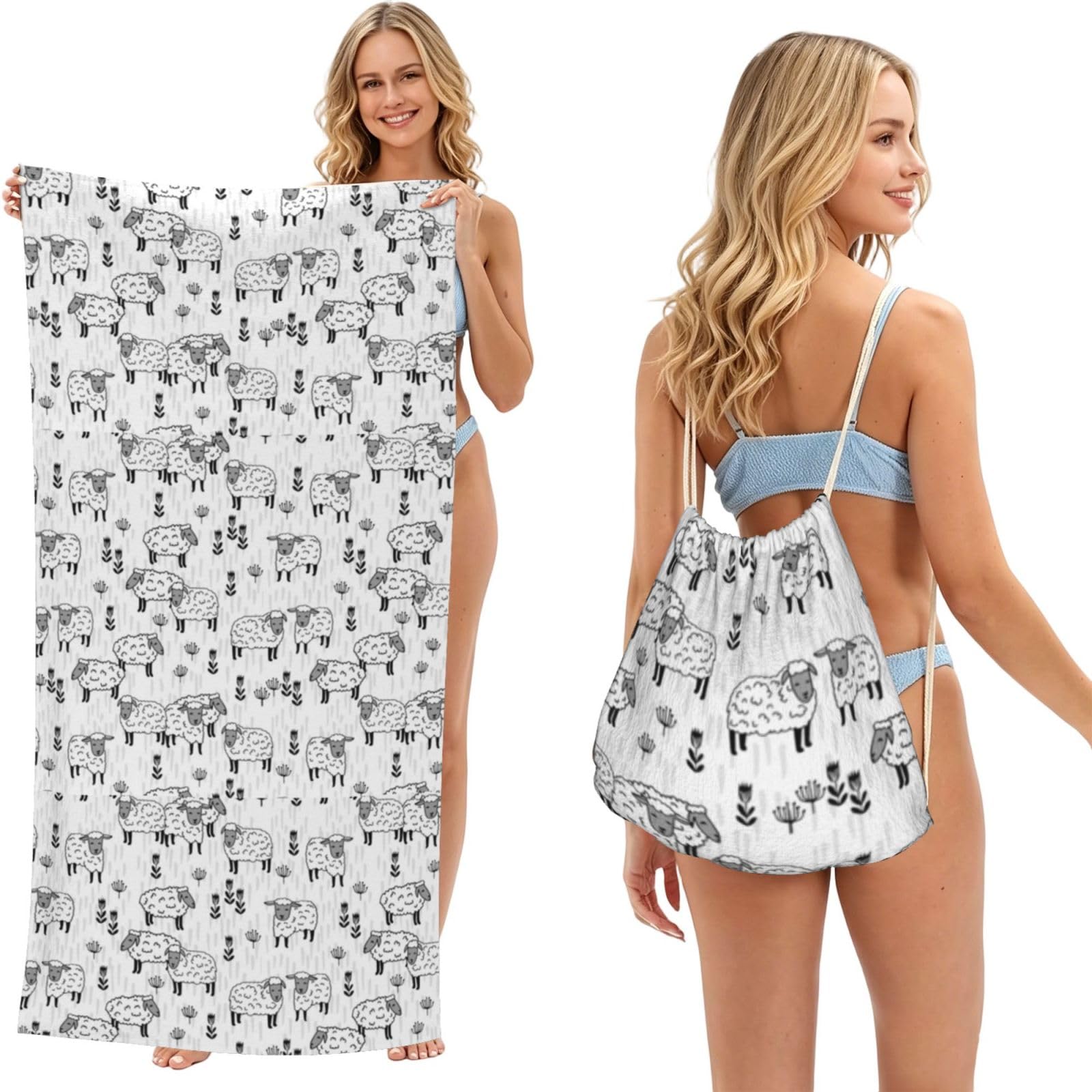 Poadnly As Picture Sheep Grey And White Farm Animals Design, 2 In 1 Packable Towel Bag, Beach Towels With Drawstring Backpack For Travel Holiday Camping