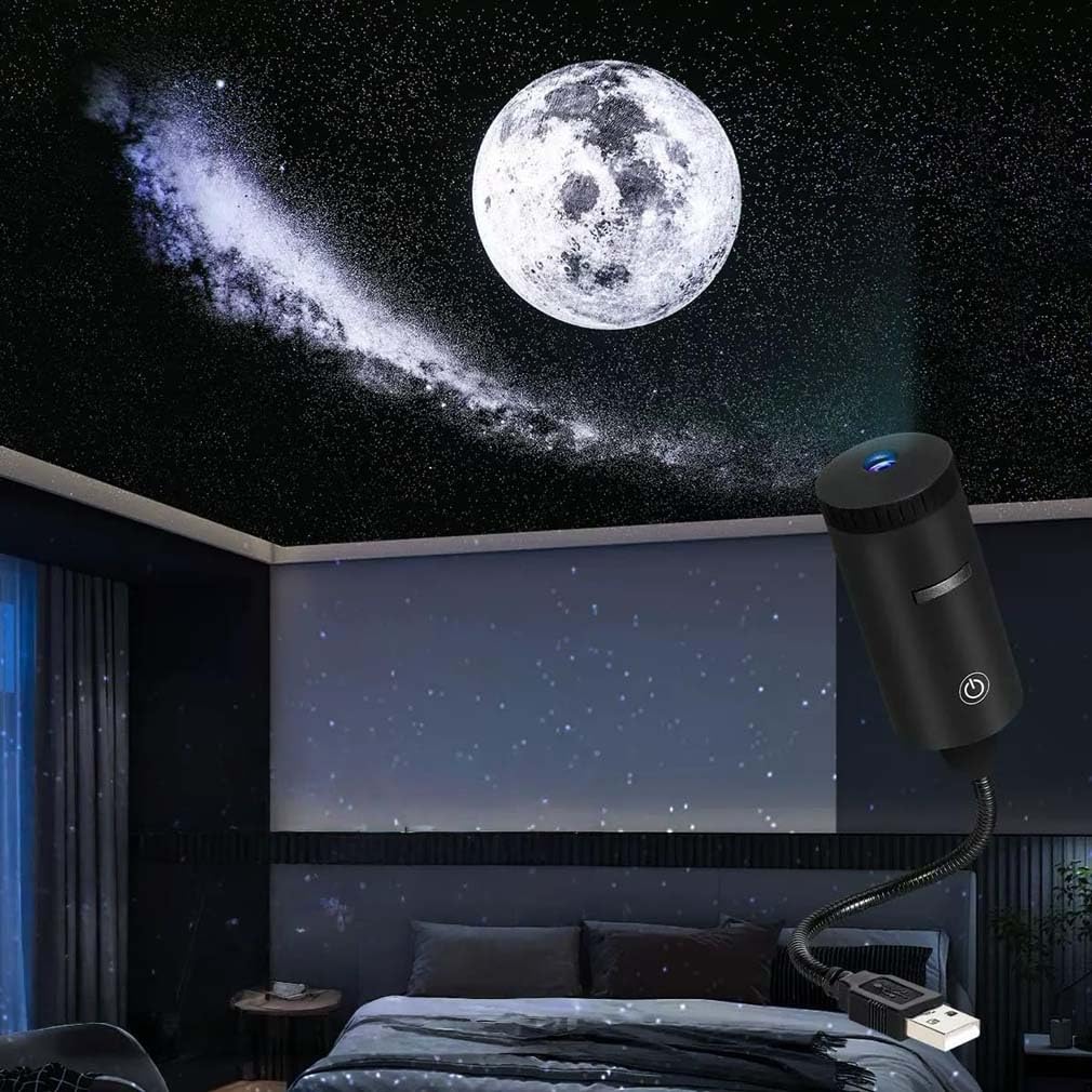 Plug-and-Play HD Star Projecto, 2-in-1 Star Projector Night Light, 360° Flexible Angle Control, 2 Replaceable Slides, USB Powered Mini LED Projection Lamp for Bedroom Ceiling Wall Room Decor (Black)
