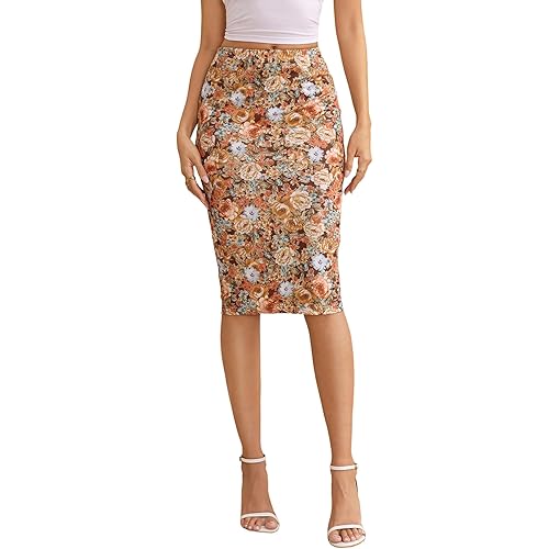 MakeMeChic Women's Floral Print Pencil Skirt High Waisted Bodycon Skinny Fit Summer Midi Skirts