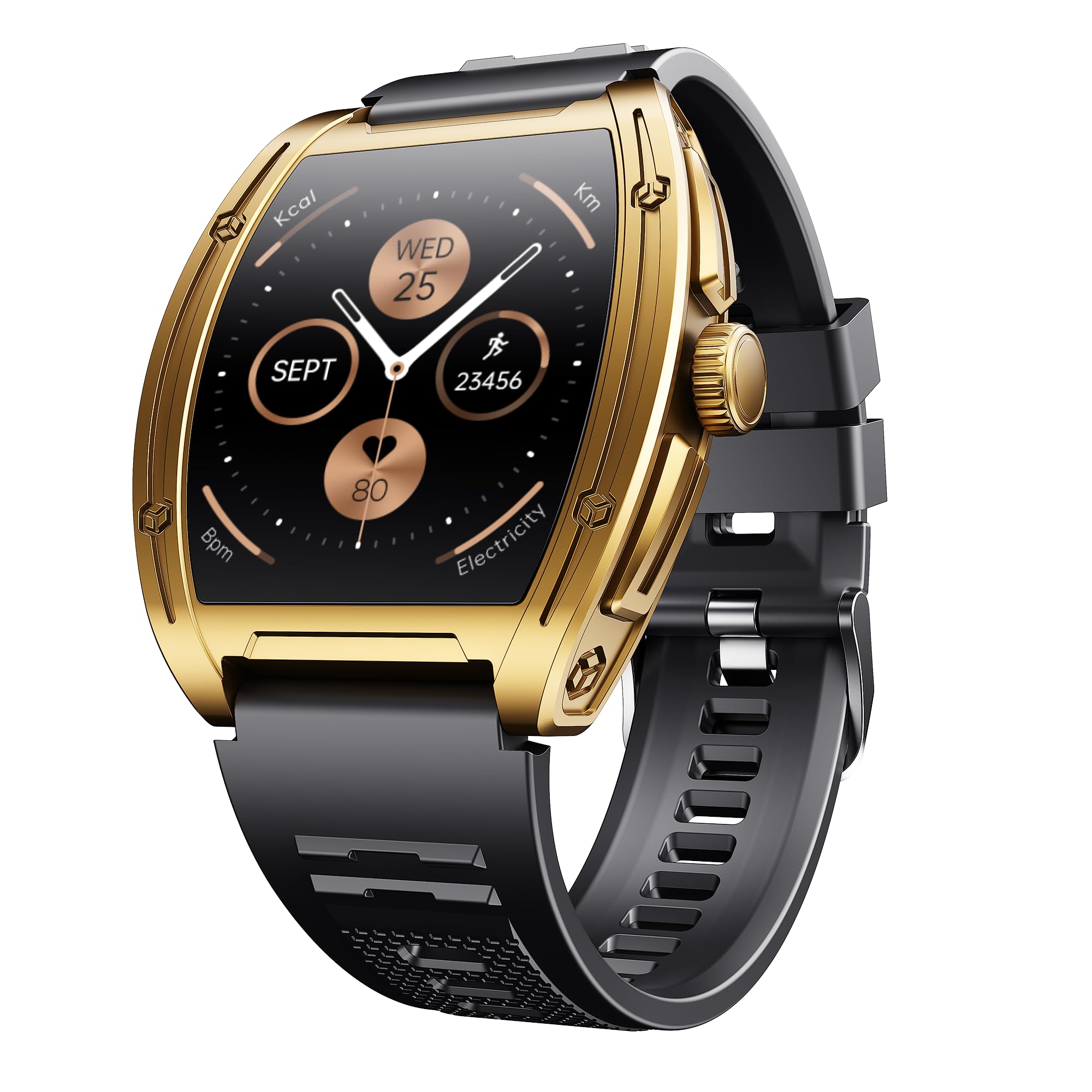 Enigma Ascend Men's Luxury Smart Watch w/ 1.76”(4.47 cm) HD Display, Functional Crown, BT Calling, Upto 5 Days Battery, 100+Sports Modes, 200+Watch Faces, IP68, HR & SpO2(Midnight Gold)