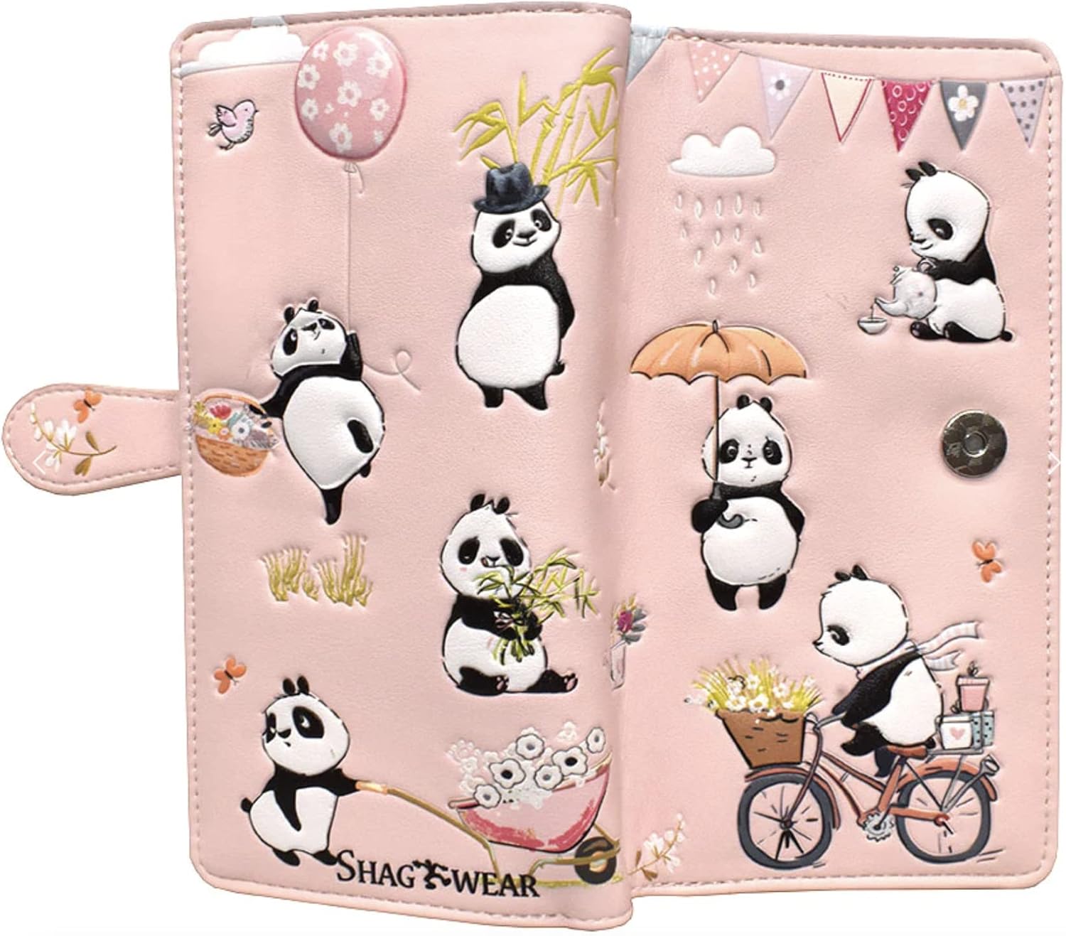 Shag Wear Panda Mania Large Wallet Vegan Faux Leather Wildlife Design Clutch with Card Slots Bill Compartments ID Window Zippered Coin Pocket 7" Pink