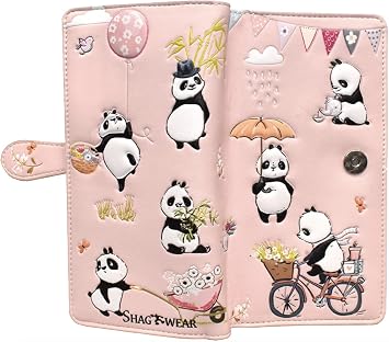 Shag Wear Panda Mania Large Wallet Vegan Faux Leather Wildlife Design Clutch with Card Slots Bill Compartments ID Window Zippered Coin Pocket 7" Pink