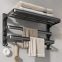 VOLDRA 24-Inch Matte Black Foldable Towel Rack Shelf with 2 Bars & 7 Hooks - Wall Mount Bathroom Organizer