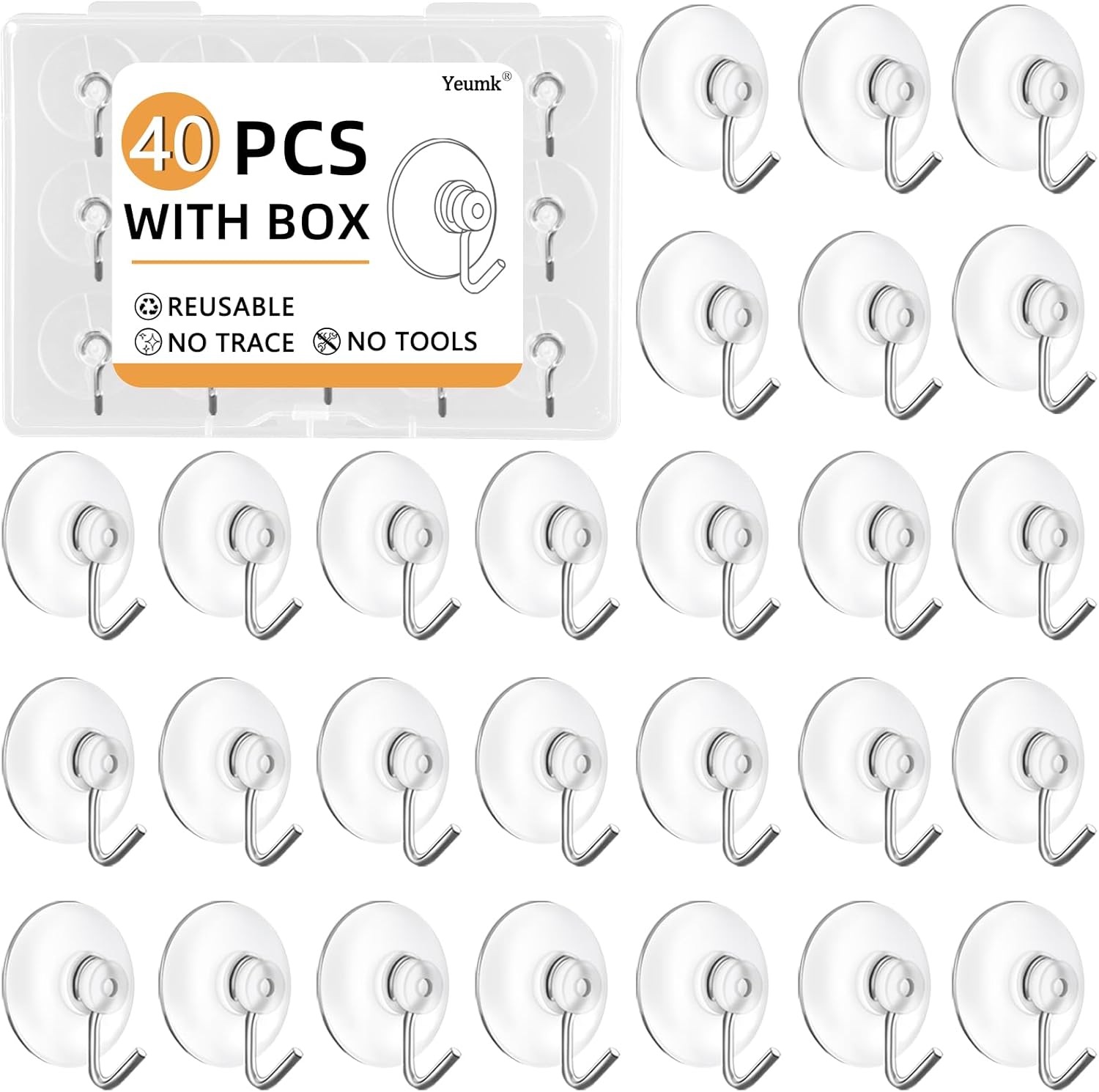 40Pack Small Suction Cup Hooks 1.2Inch Clear Suction Cups with Metal Hooks, PVC Removable and Reusable Utility Hooks for Glass Windows, Mirrors, Doors, Tiles, Shower, Kitchen, Bathroom