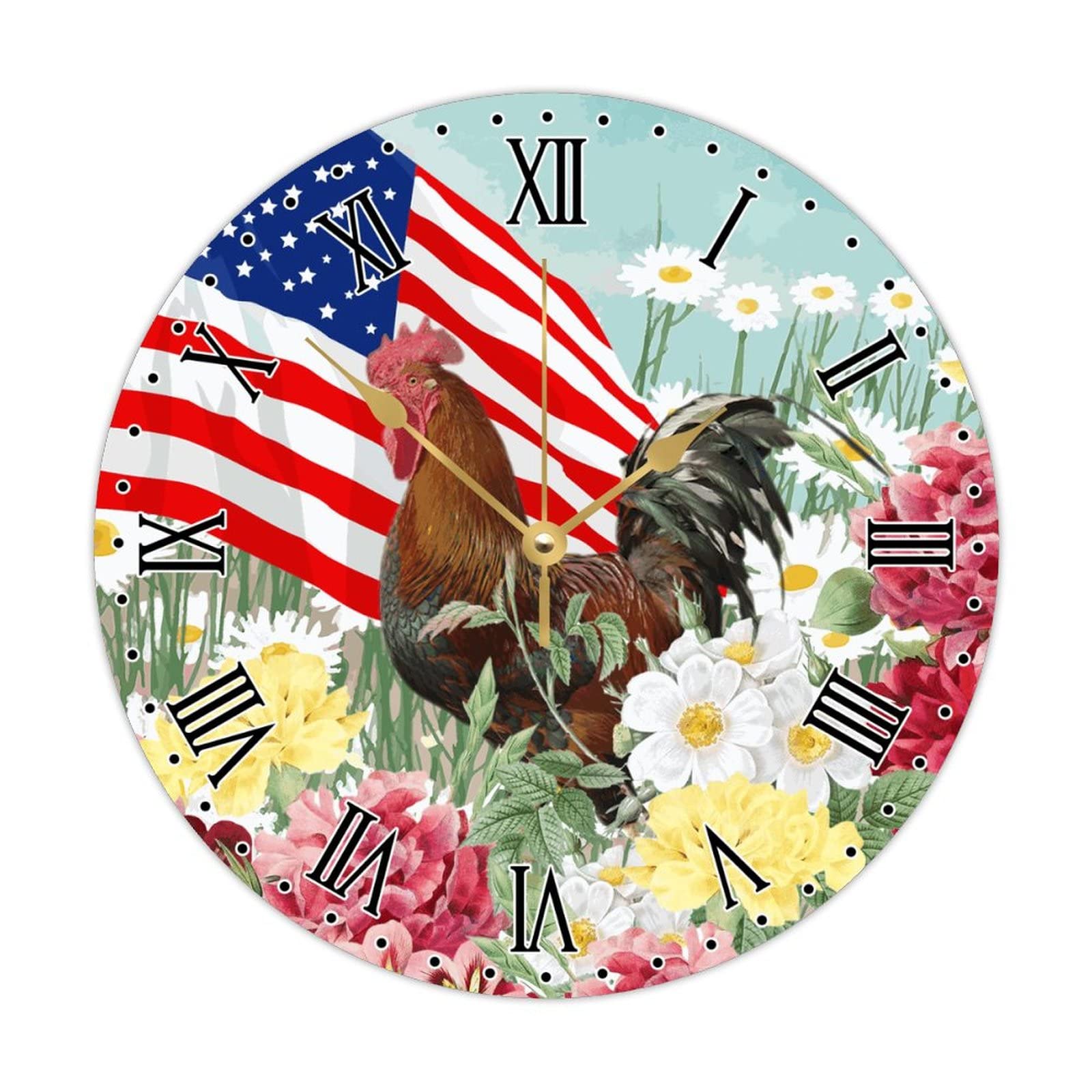 Horloge murale ronde en bois de 38cm style ferme américaine avec coq et fleurs