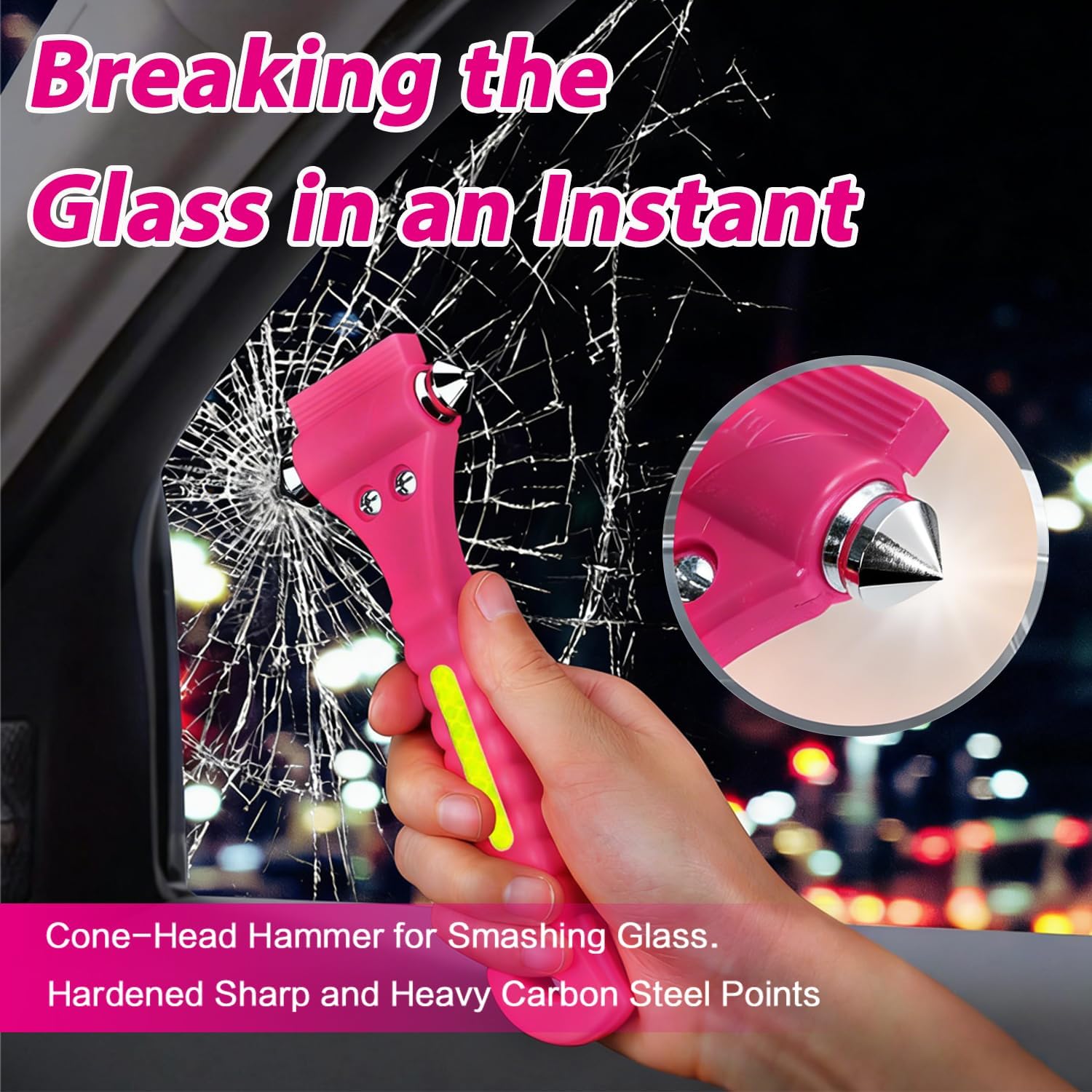 2-in-1 Car Emergency Escape Tool, Glass Window Breaker with Seatbelt Cutter, One Second Quick Release Safety Hammer for Car and Office Use -Pink image 2