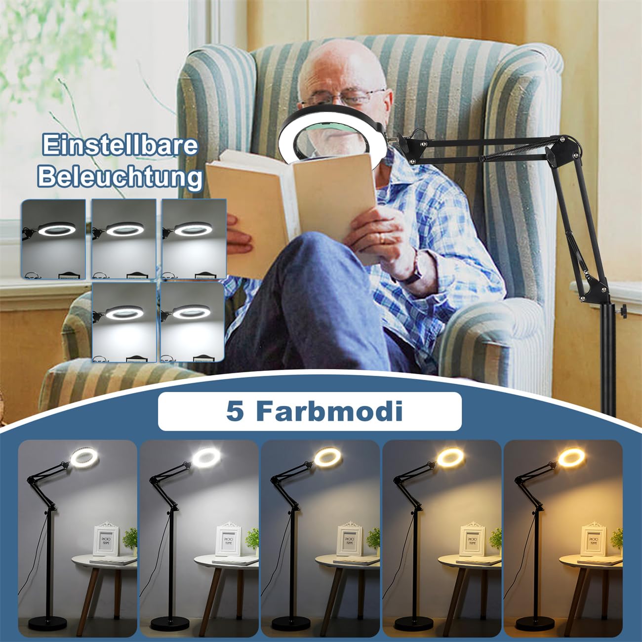 12X Stehlampe Lupe mit Licht und Ständer, 3-in-1 Flexible Schwenkarm Boden LED Lupenleuchte, 5 Farbmodus Stufenlos Dimmbar Leselupe, Freisprech Vergrößerungsboden zum Senioren Hobby