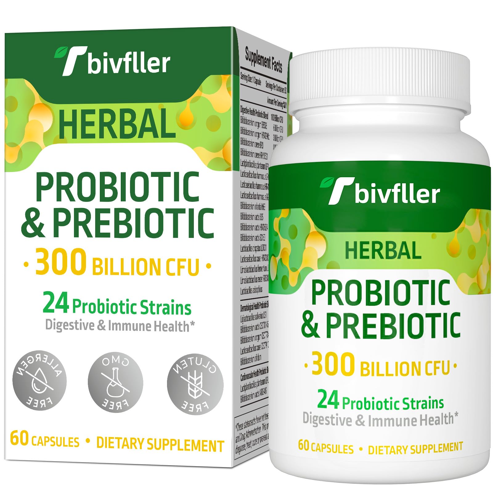 Probiotics for Women Men- 300 Billion CFU, 24 Strains Probiotic+15 Organic Herbs Prebiotics Blend, Pre and Probiotics, for Digestive Health, Immune & Gut, Diarrhea, Bloating, Vegan, 2 Month Supply