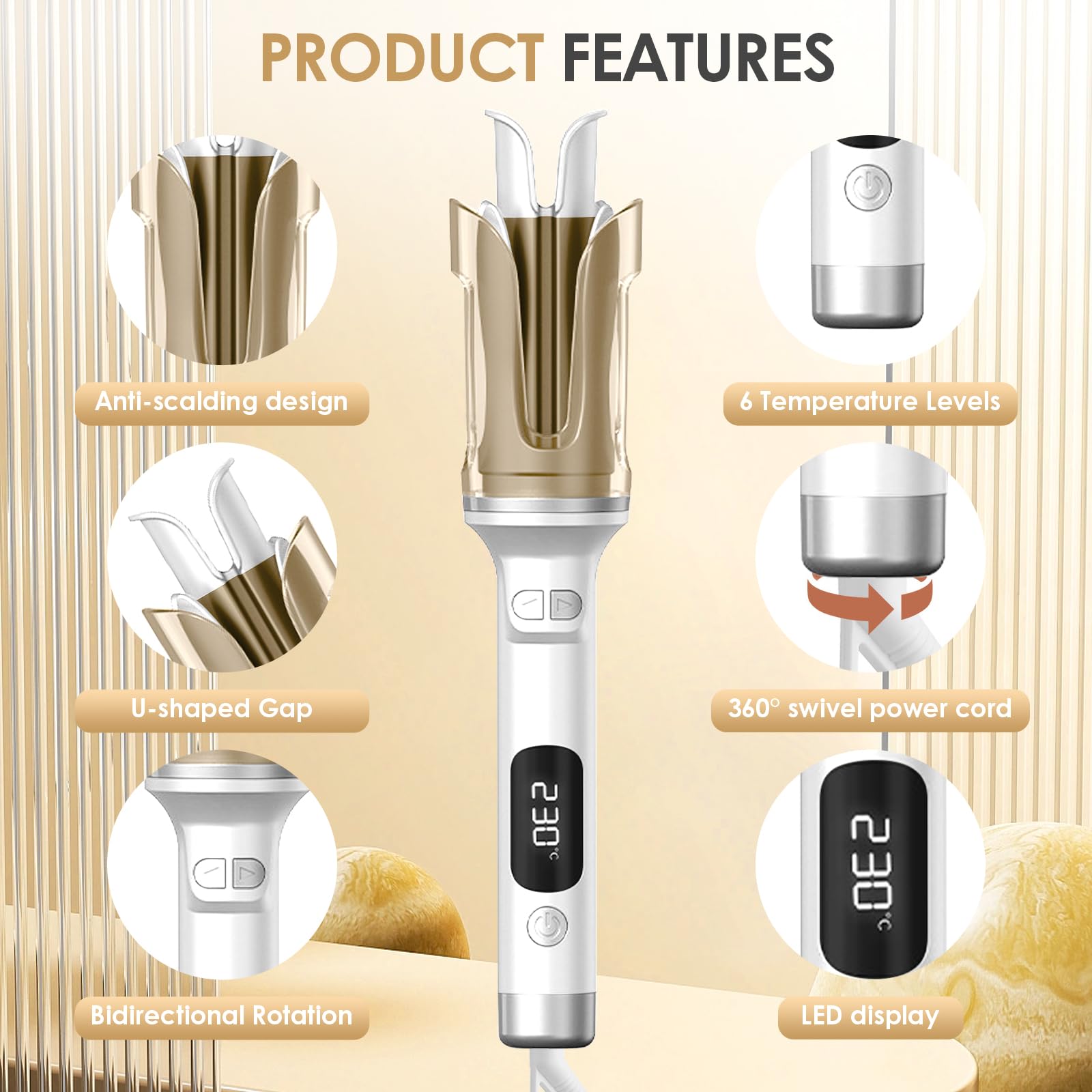 Fer a Boucler Cheveux Automatique, Fer a Friser avec 6 Réglages de Température avec LCD Écran, Friseur Cheveux Femme, Boucleur Céramique pour Cheveux Longs/Courts (Blanc)