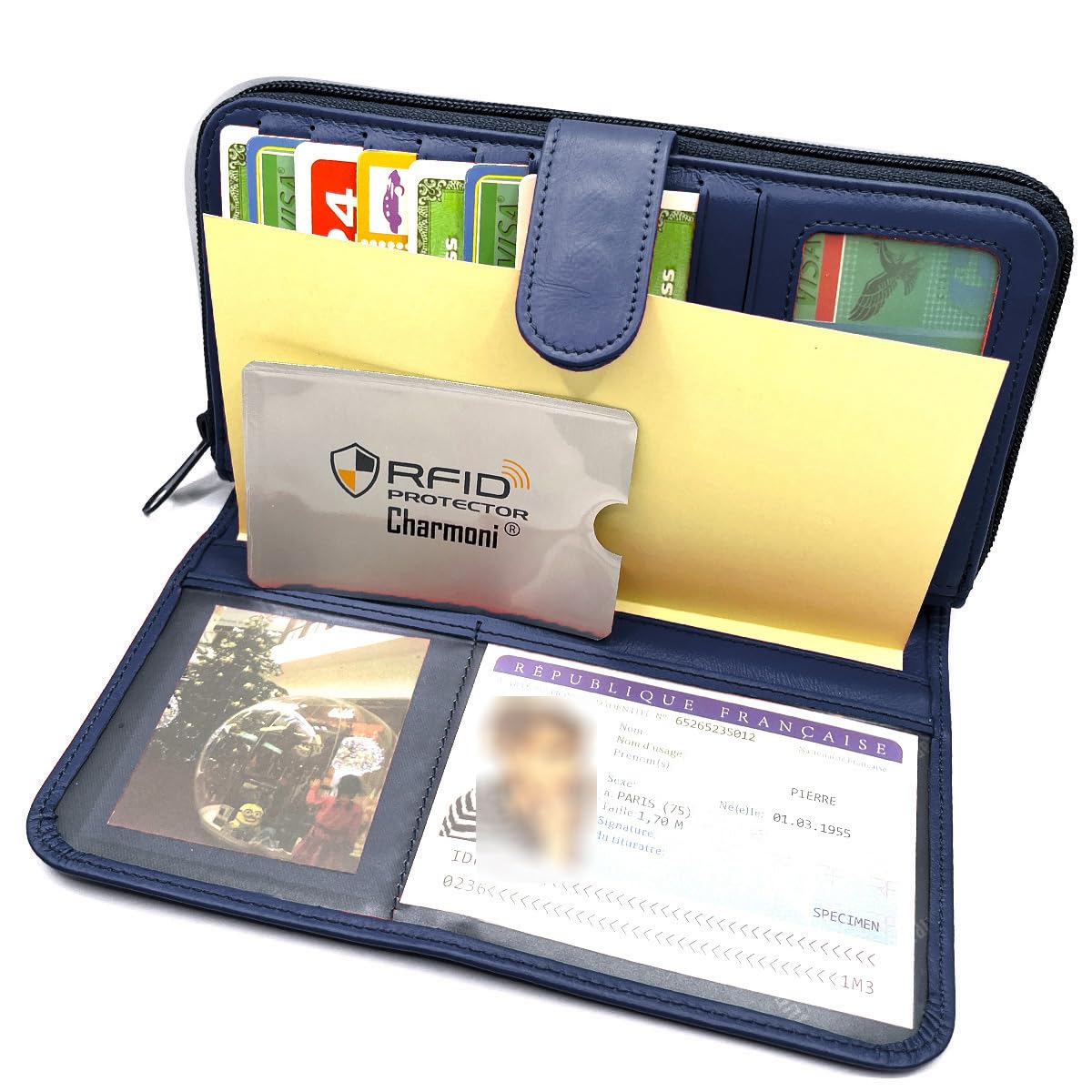 Charmoni - Porte chéquier Talon en Haut - Portefeuille Blocage Anti RFID - Porte Carte Monnaie - Tout en Un - Cuir Vachette - Femme Homme (Bleu)