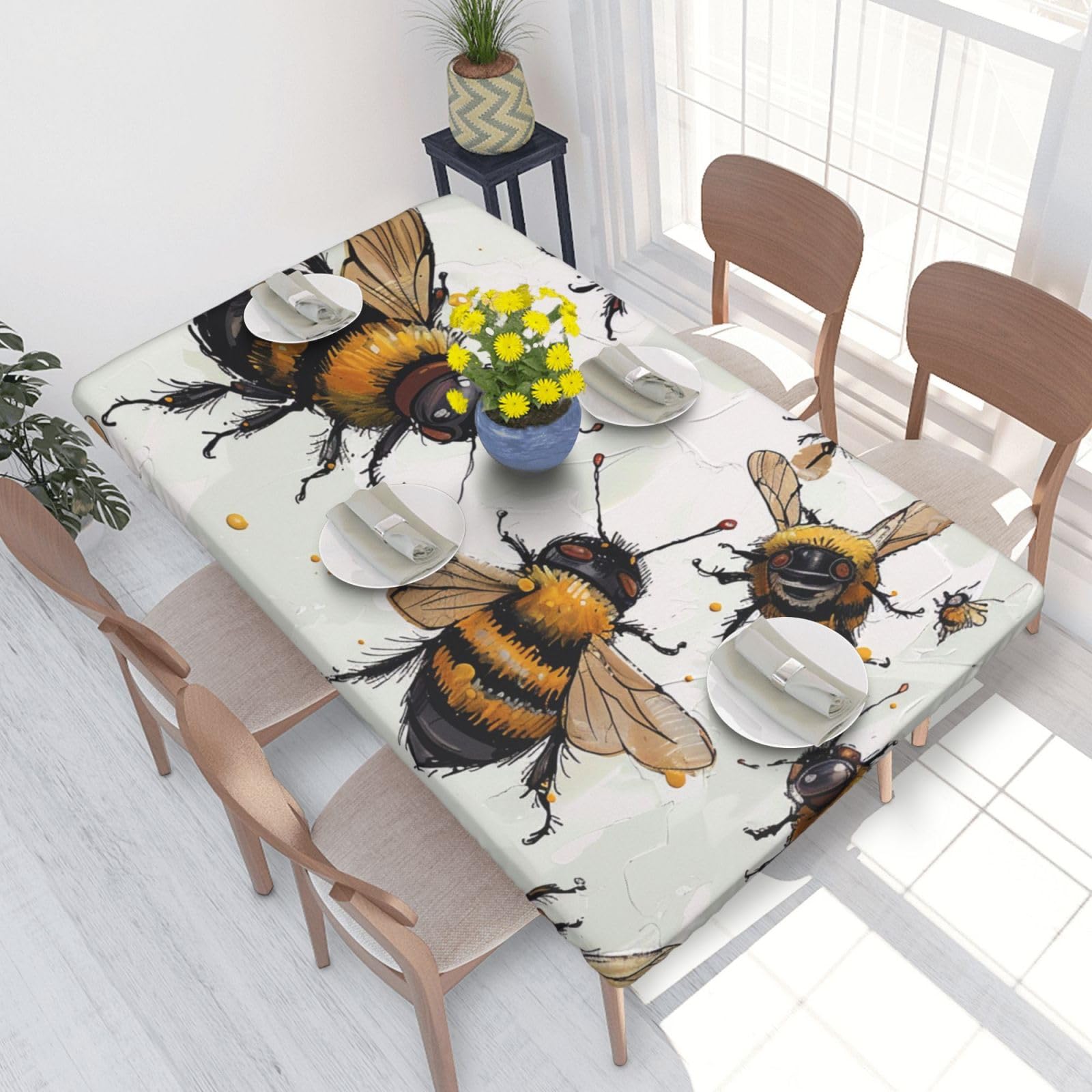 DCARSETCV Funny Bees Printed 4FT Waterproof Tablecloth with Elastic Edged Protect & Decor Your Table, Oil-proof Washable Table Cloth Cover for Dinner Picnic Party