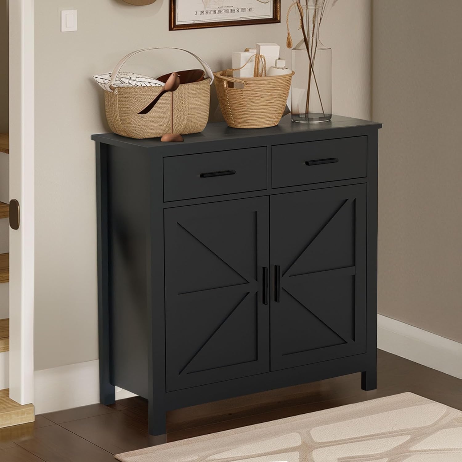 Modern Farmhouse Buffet Cabinet with Storage, Coffee Bar Cabinet with 2 Drawers and Doors, Kitchen Storage for Dining Room, Entryway, Living Room, Hallway (Black)