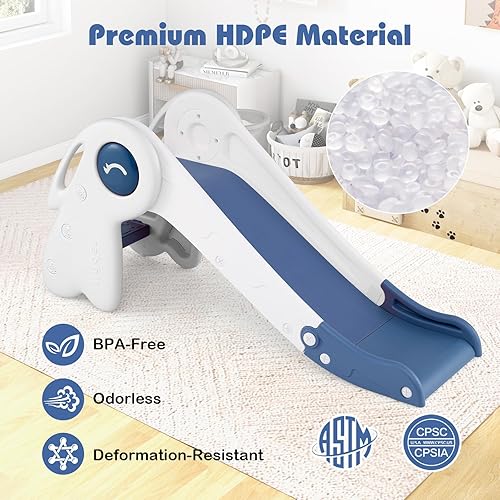 Miniatura 6 de BABY JOY Tobogán 3 en 1 para niños pequeños, tobogán plegable independiente para bebés, juego de escalador con aro de baloncesto y pelota, escalones