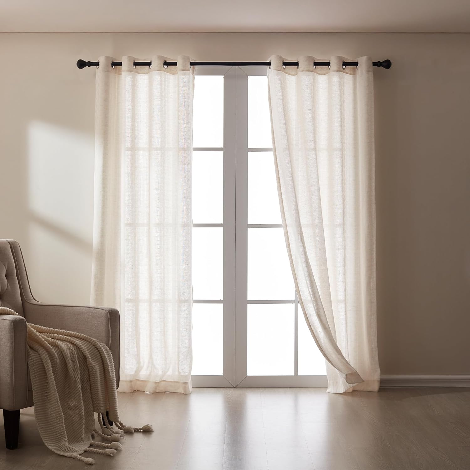 SLEEP ZONE Linen Jacquard Sheer Curtain, Triangle Textured Light Filtering Window Curtain Panels for Living Room Bedroom, 52" × 95" Beige