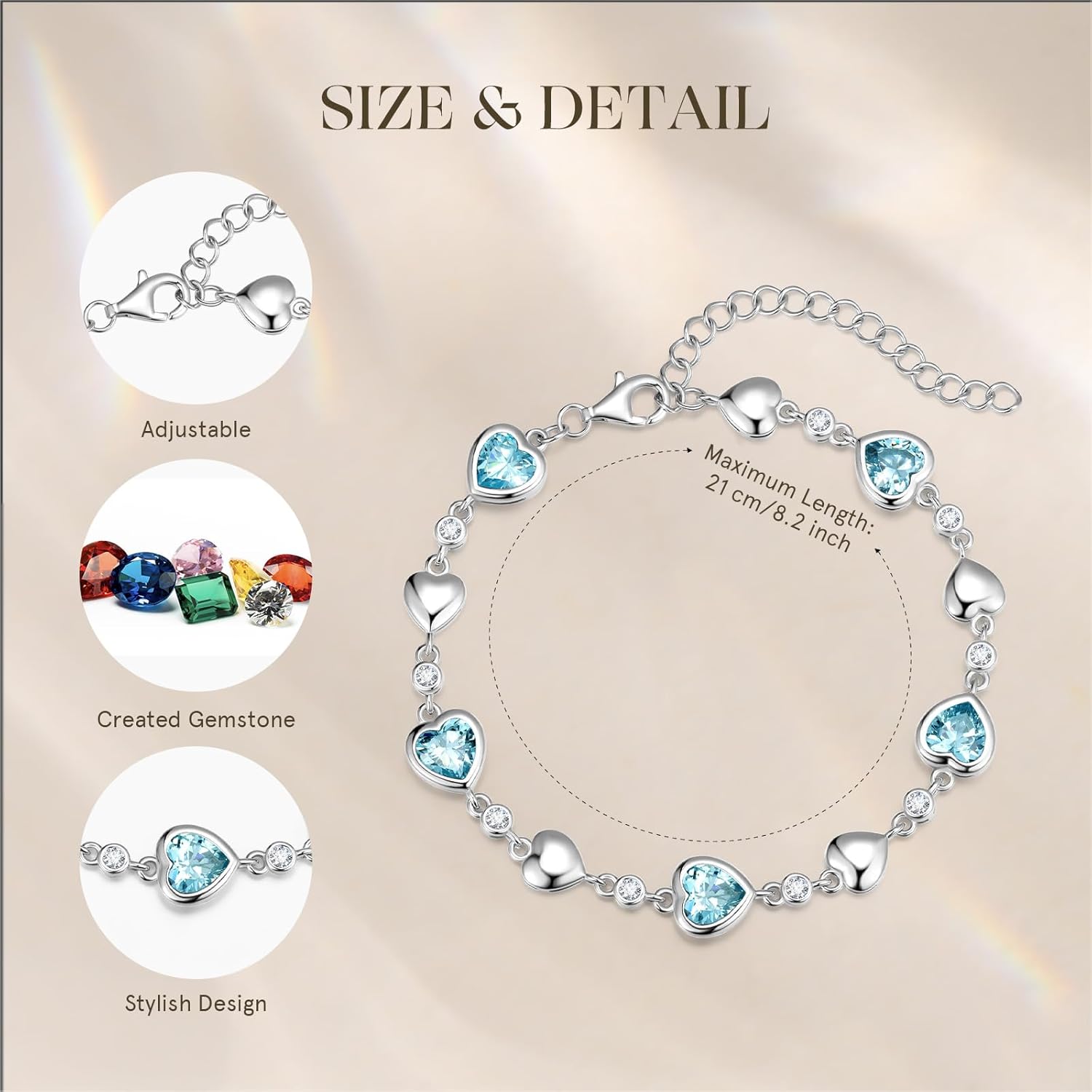Carleen Birthstone Bracelets for Women 925 Sterling Silver Five Heart Station Created Gemstone Tennis Bracelet Jewelry Anniversary Birthday for Wife, 7"+1.2" Extender - Image 2