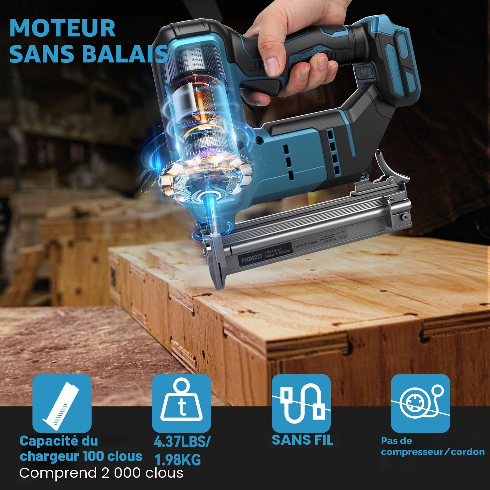 Cloueuse sans fil, pistolet à ongles sans fil, compatible avec batterie 18 V, pistolet électrique 2 en 1 avec 1000 clous droits et 1000 clous en forme de U, pour tapisserie d'ameublement