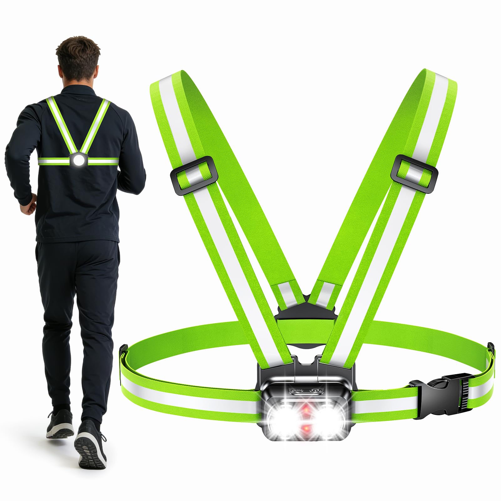EOIWUY Running Lights for Runners with Red Light, 800LM Ultra Bright & 7 Modes, 45° Beam & 360° Reflective Running Vest, IPX4 Waterproof Chest Running Torch for Walking/Hiking, Headlamp Replacement