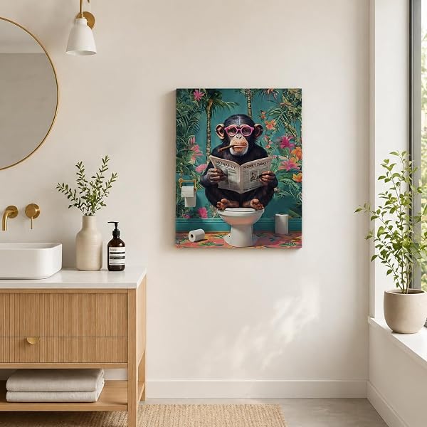 Qiukoo Funny Monkey Bathroom Wall Art – Waterproof Framed Canvas with Hanging Hooks, Toilet Wall Picture of Monkey Reading Newspaper, Humorous Bathroom or Toilet Decoration, 12 x 16 Inches - 4