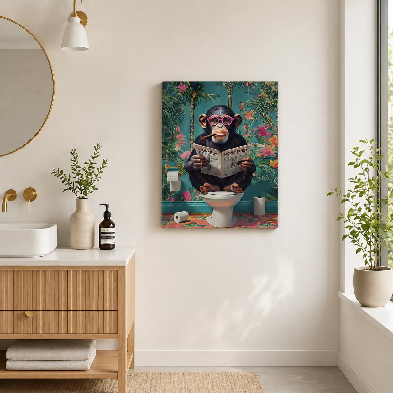 Qiukoo Funny Monkey Bathroom Wall Art – Waterproof Framed Canvas with Hanging Hooks, Toilet Wall Picture of Monkey Reading Newspaper, Humorous Bathroom or Toilet Decoration, 12 x 16 Inches — view 4