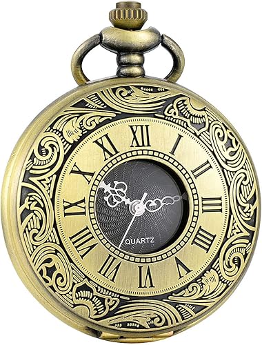 Miniatura 10 de MJSCPHBJK Reloj de bolsillo vintage para hombre escala de números romanos reloj de bolsillo de cuarzo con cadena para regalo de Navidad Día del Padre