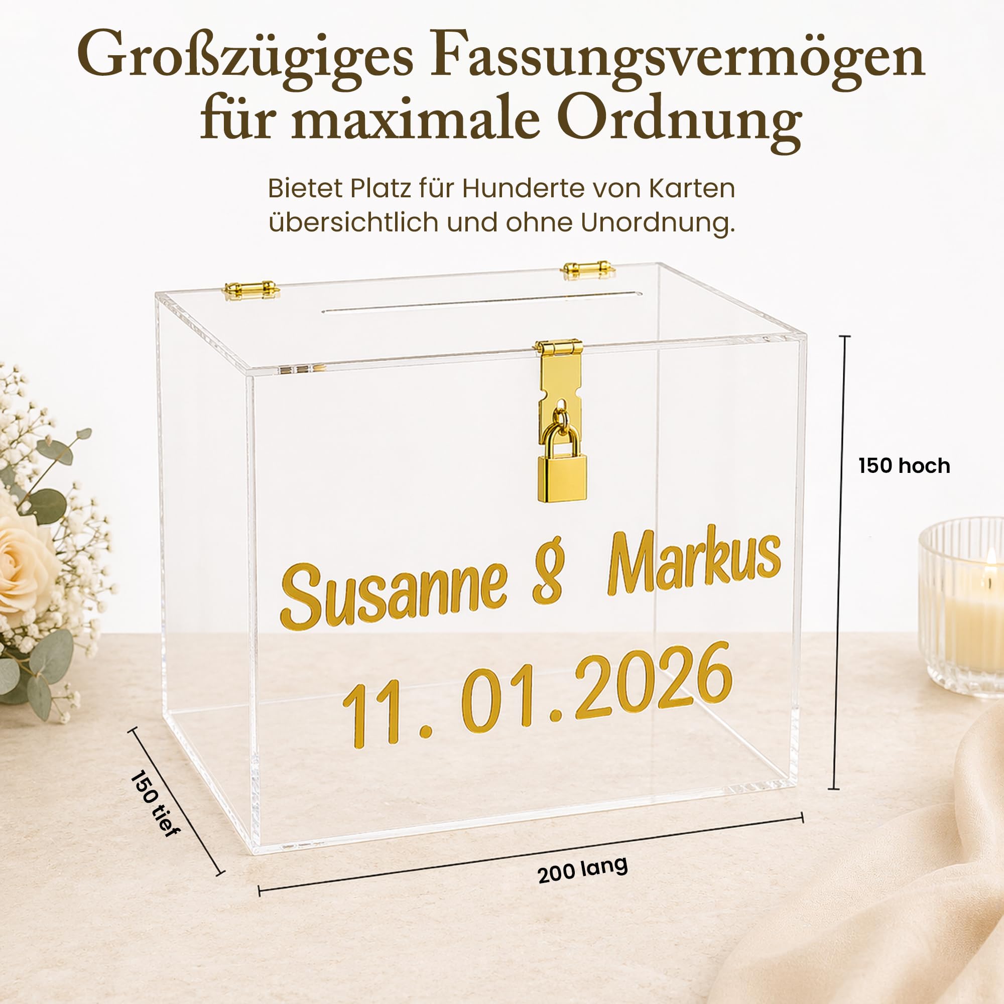 StarK Kartenbox Hochzeit – Elegante Acrylbox mit Schloss | Personalisierbar mit goldenen Buchstabenstickern inkl. Pinzette | Für Karten & Geldgeschenke, Geschenkbox Hochzeit