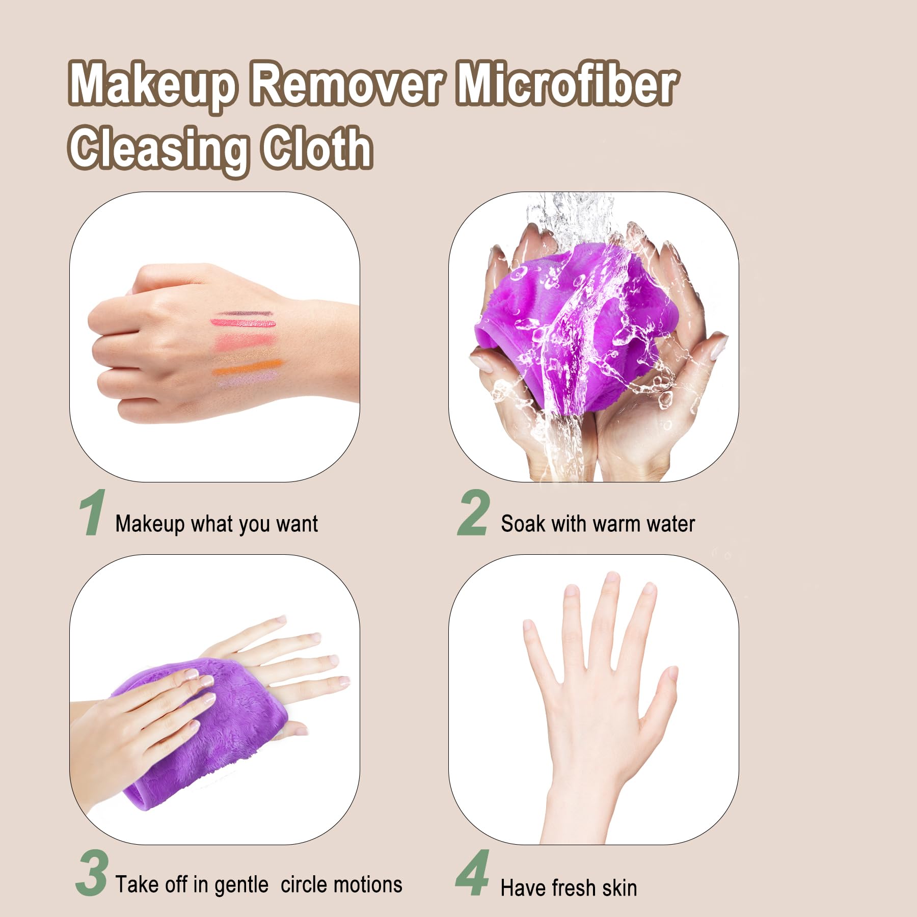 KODAMO Make-up-Entferner-Tuch, wiederverwendbare Make-up-Entferner-Pads, waschbare Reisetasche, Mikrofaser-Gesichtswaschtücher mit nur Wasser, 12 Stück/Violett