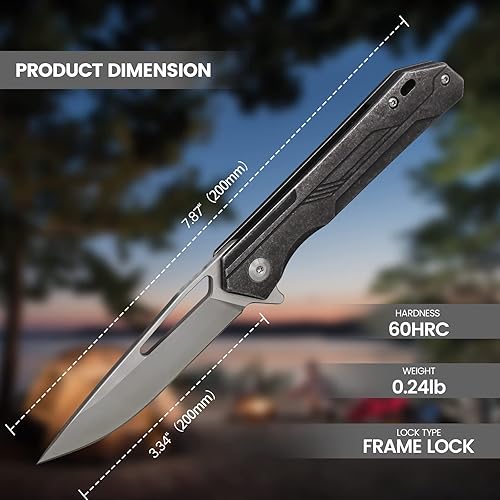 Miniatura 4 de Cuchillo de bolsillo de 3.3 pulgadas, hoja plegable D2, mango de acero inoxidable lavado a la piedra, clip de bolsillo de transporte profundo,