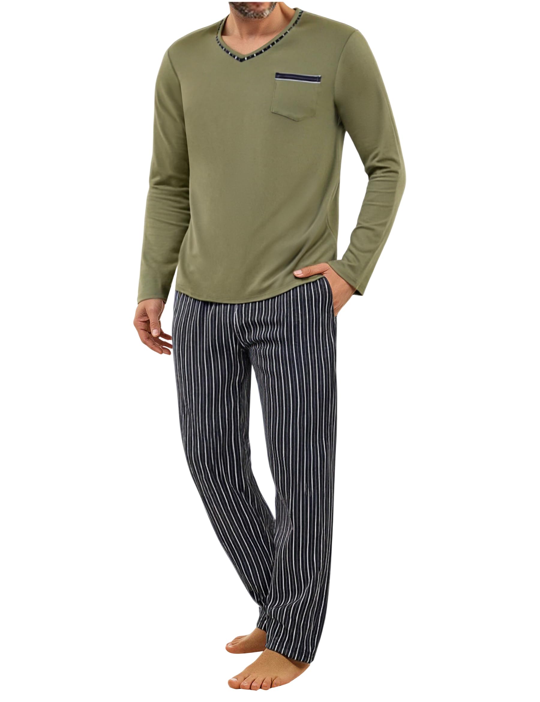 Demegimi Herren Schlafanzug Lang Streifen Baumwolle Winter Pyjama Nightwear Set Langarmshirt gestreifte Schlafanzughose für Männer
