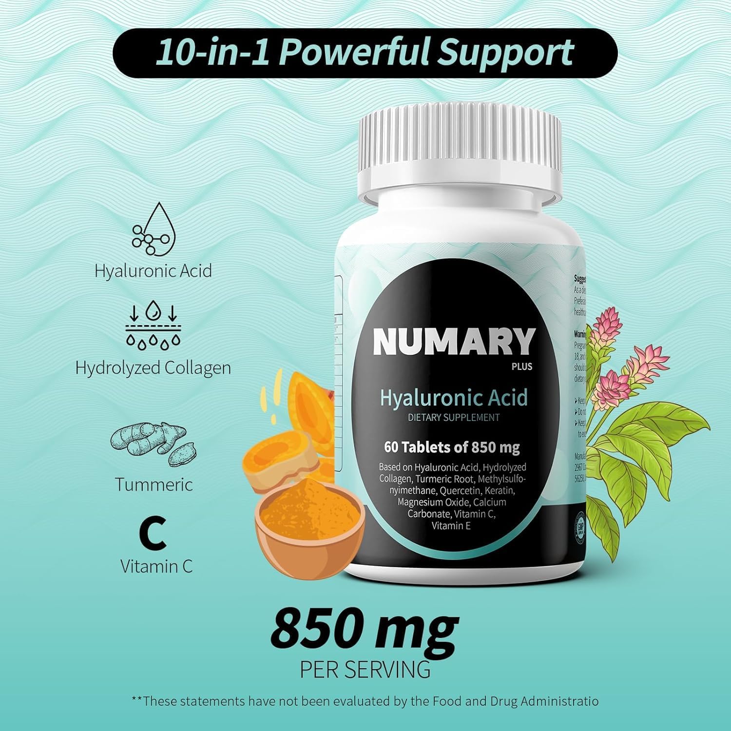 850mg Hyaluronic Acid with Hydrolyzed Collagen, Turmeric, MSM, Vitamin C, 60 Tablets, 2 Month Supply