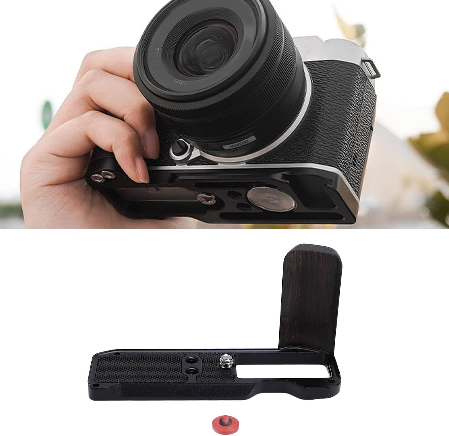 Zopsc Handgrip Camera L Shape Grip, Aluminum Alloy Mount with Quick Release Plate, Wood Handle Shutter Key for Arca Compatible Cameras, Black