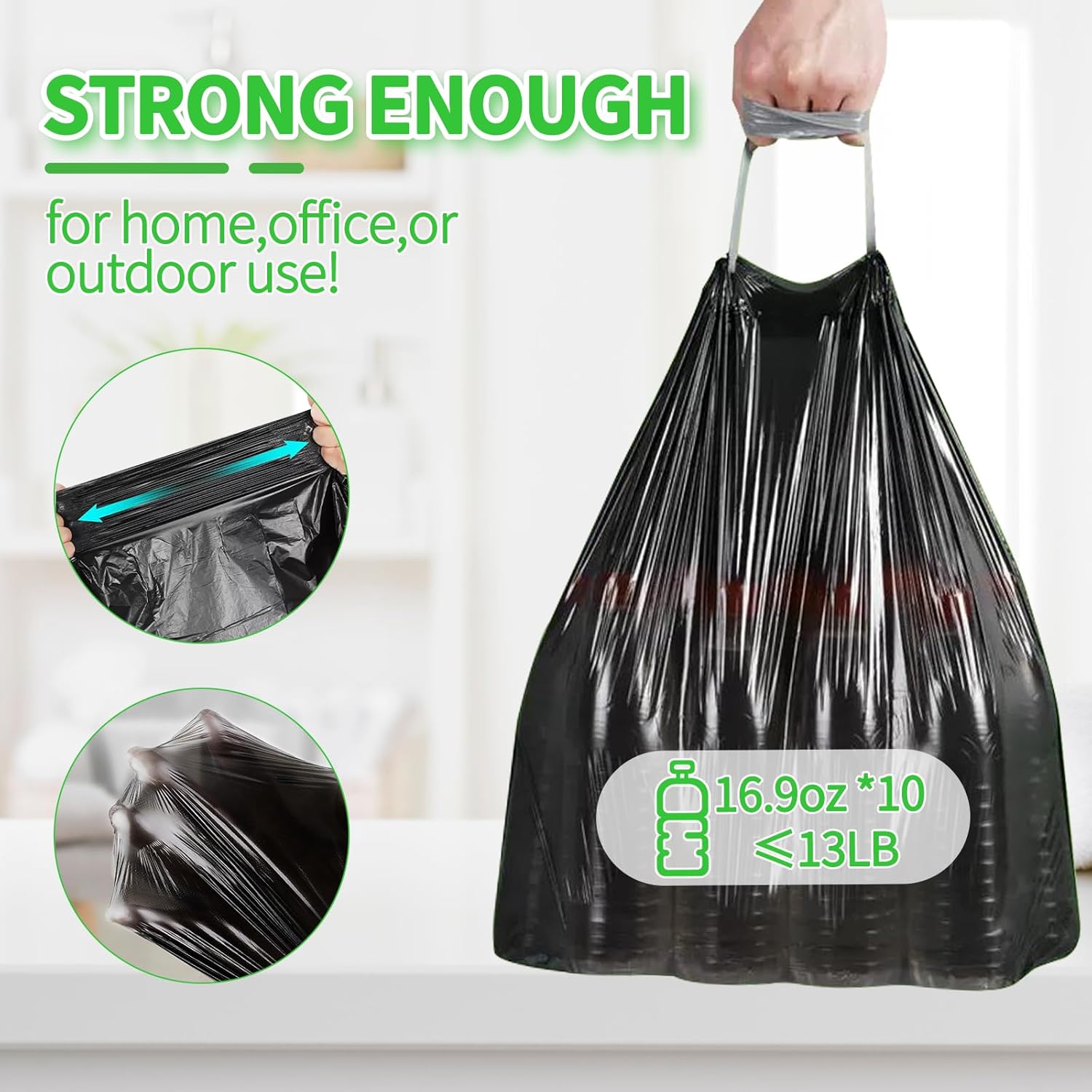 300 Count Small Drawstring Trash Bags for 2.6-Gallon (10 L) Trash Cans, Thick Pre-separated Garbage Bags, Mini Wastebasket can Liners for Bathroom Bedroom Office(Black)