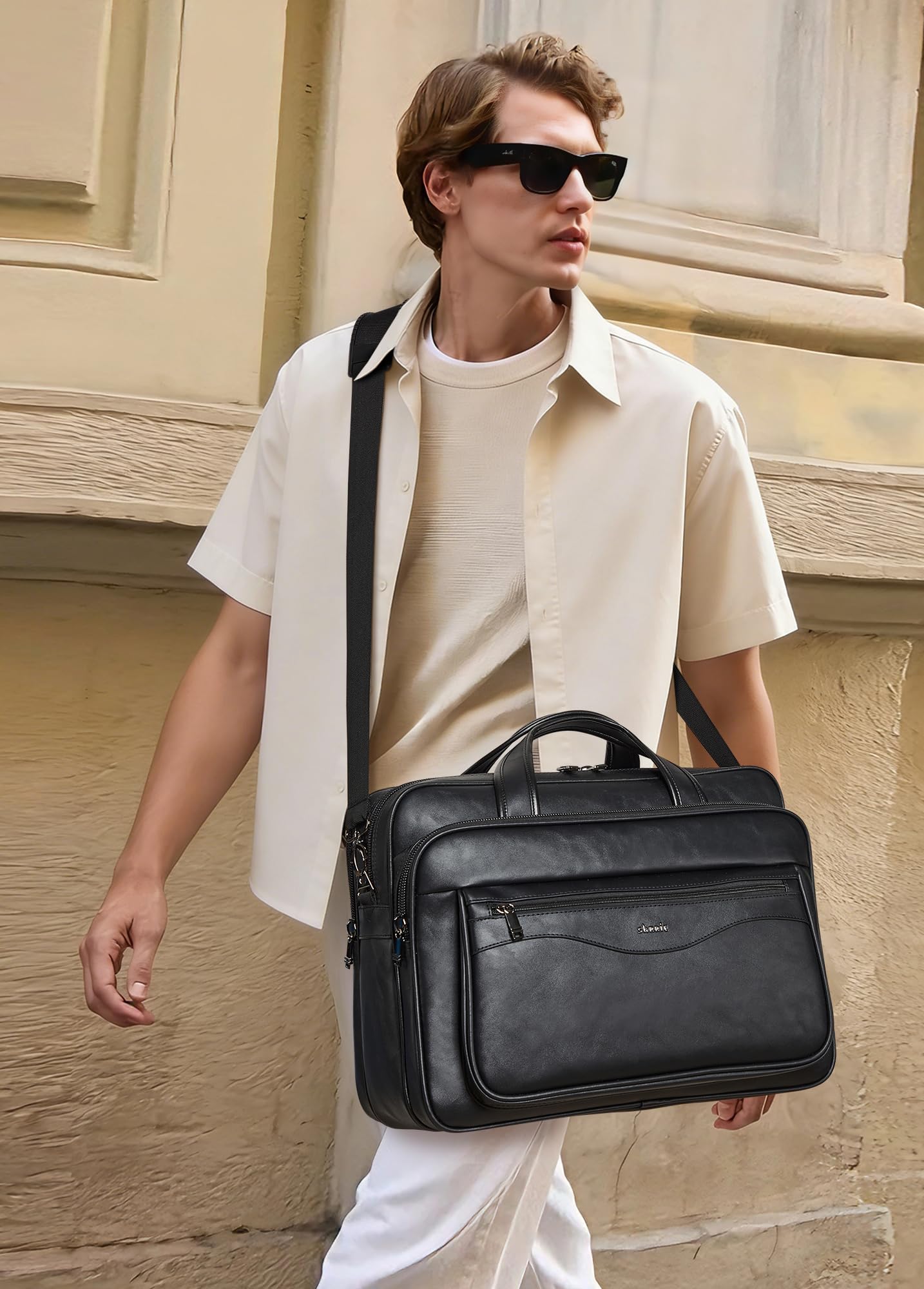 Shrrie Groß Leder Messenger Tasche für Männer und Frauen Leder Laptop Tasche