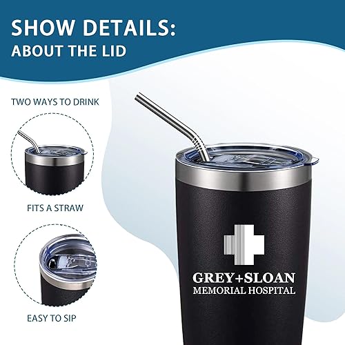 Vista 4 de Greys Grays Anatomy Merchandising, mercancía de programa de televisión, vaso de café helado de acero inoxidable aislado de 20 onzas con tapa, popote