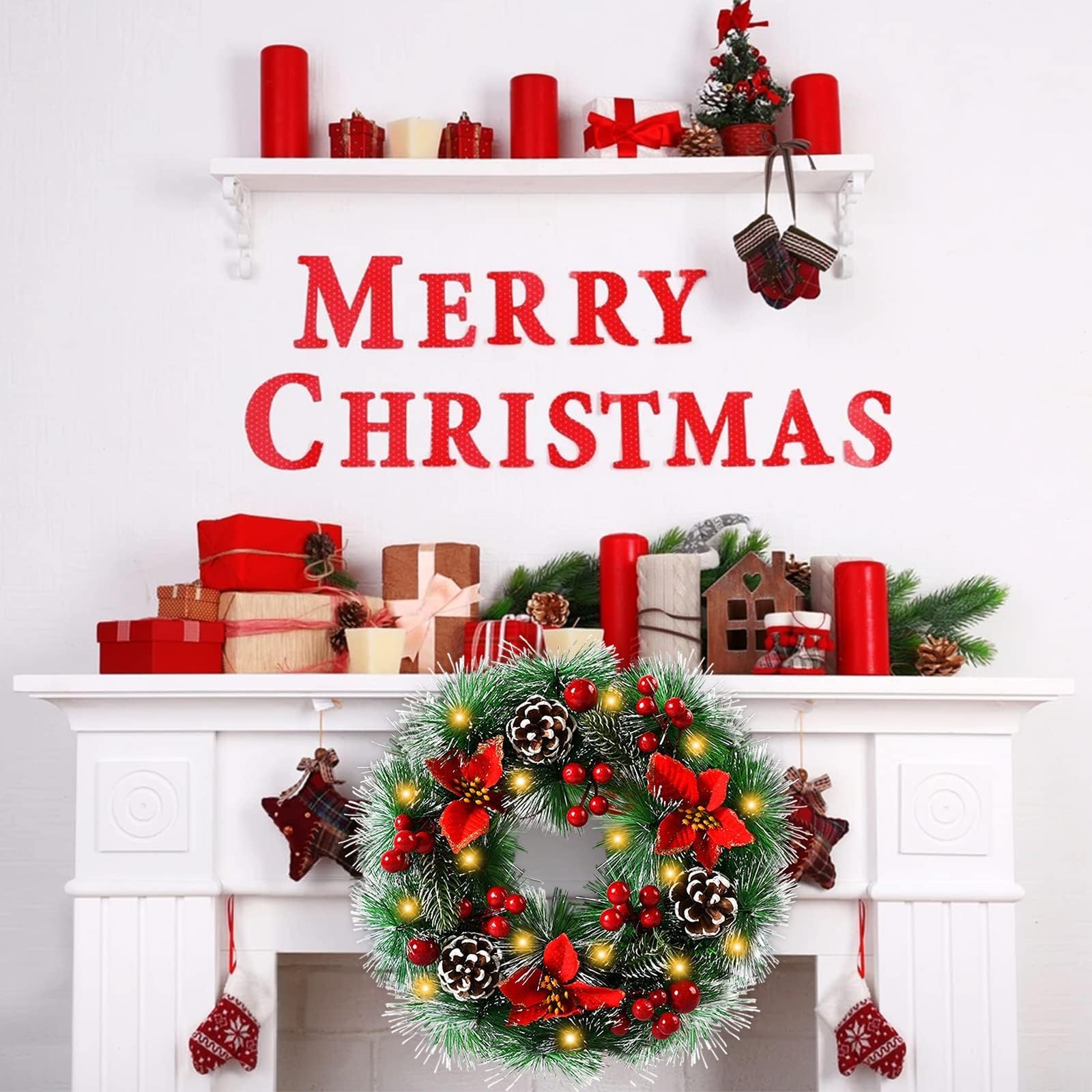 Ghirlanda di Natale (30 cm) Con LED, Fiocco, Palla di Natale, Fiocco di Neve, Bacche per Porta di Casa, Caminetto e Decorazione da Parete