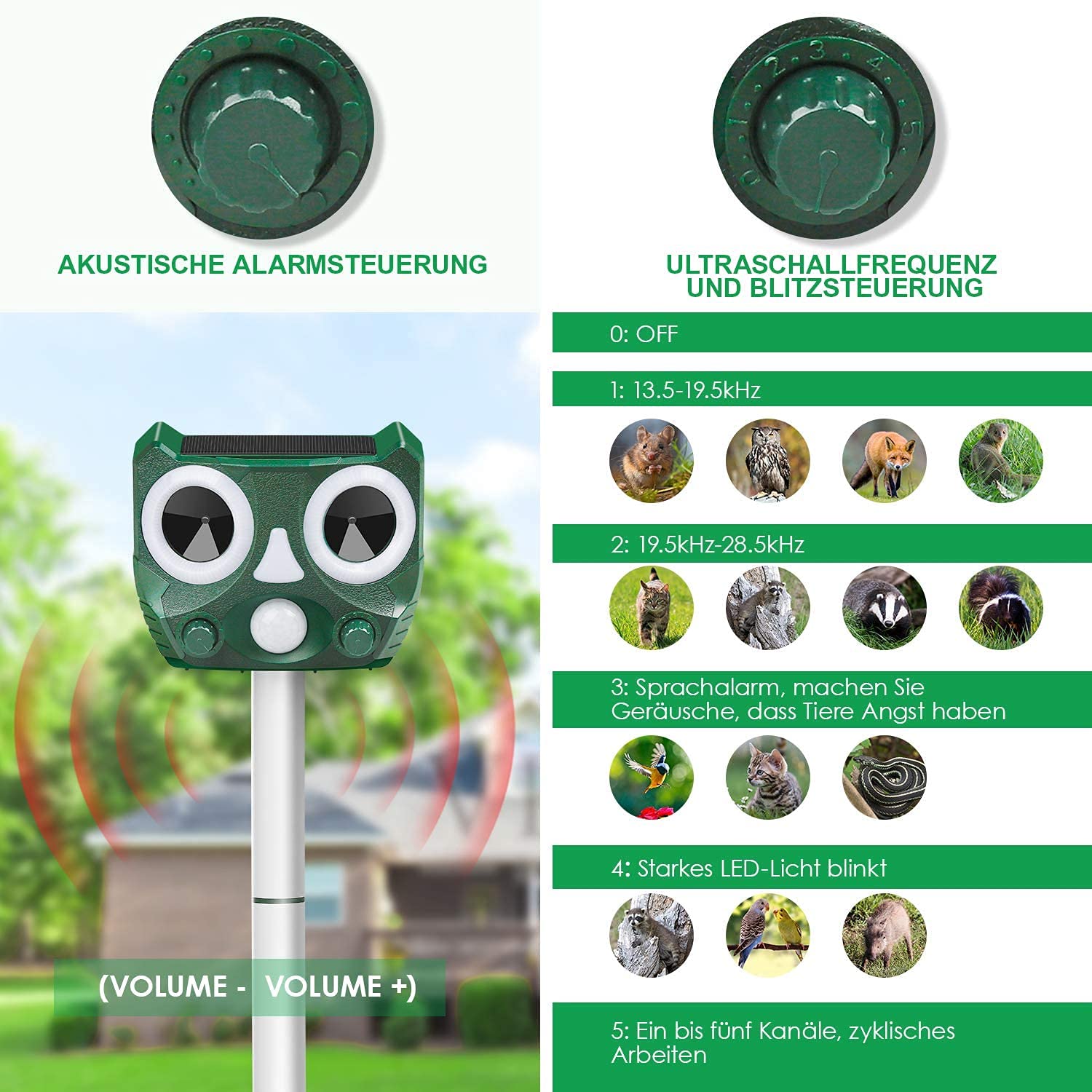 ERNZI Répulsif antiparasitaire à ultrasons, répulsif à Animaux extérieur imperméable à l'eau à énergie Solaire avec Son ultrasonique, détecteur de Mouvement pour, Chats, Chiens,Vert,1pcs