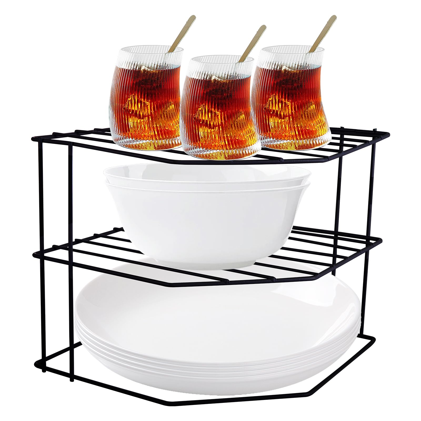 ASelected Corner Plate Rack, 3-Tier Plate Stacker for Cupboards, 23x23x20cm Metal Corner Plates Stand Black Plates Racks for Cupboard, Kitchen