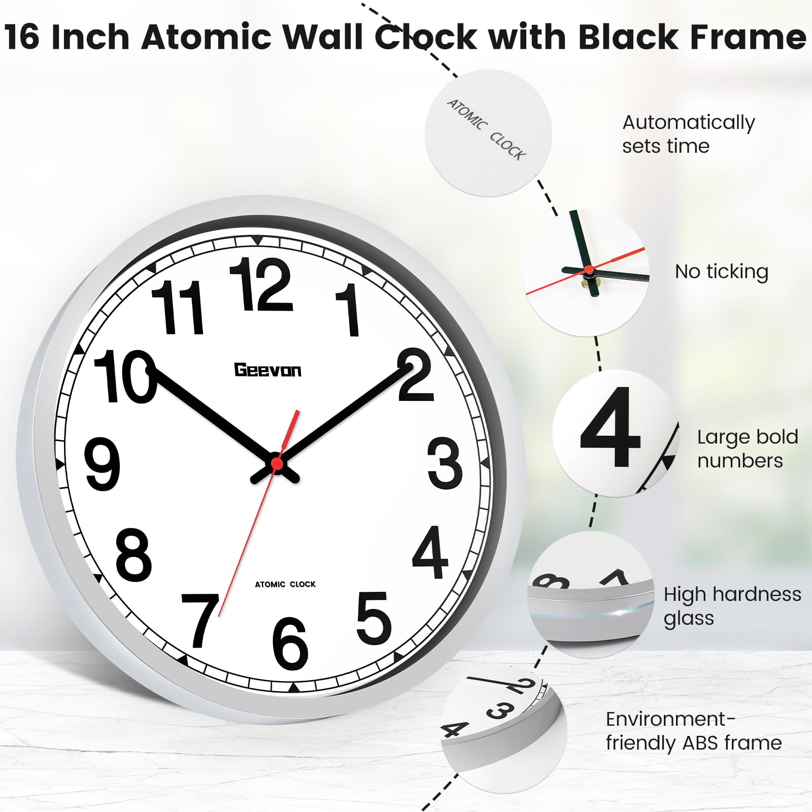 Geevon 40,6 cm große Atomwanduhr, selbsteinstellende analoge Uhr mit automatischer Zeitsynchronisation, batteriebetrieben für Zuhause, Büro, Schule, silberner Rahmen