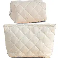 Corduroy Makeup Bag 2 Piece Set, Cosmetic Bag for Teens, Quilted Make up Pouch for Girls, Travel Toiletry Bag Organizer for Women, Wide-open Office Storage, Daily Essentials Christmas Gifts, White