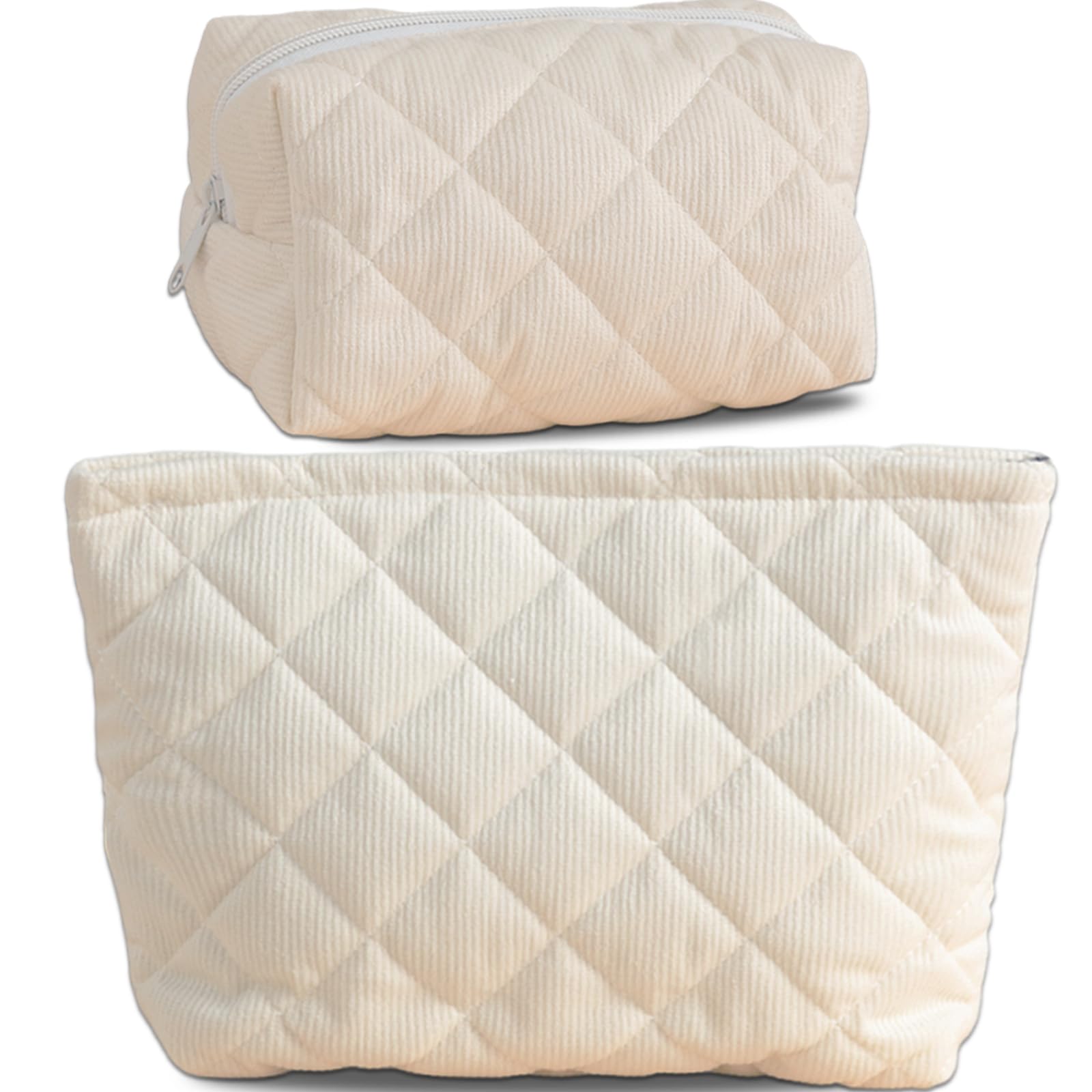 Corduroy Makeup Bag 2 Piece Set, Cosmetic Bag for Teens, Quilted Make up Pouch for Girls, Travel Toiletry Bag Organizer for Women, Wide-open Office