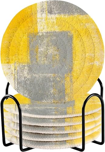 Miniatura 1 de Coasters Absorbent and Holder Set of 6 Drink Coasters for Tabletop Cotton Coasters Posavasos para Mesa Abstract Grey Yellow