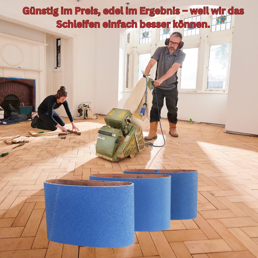 Nastro abrasivo in tessuto di zircone di alta qualità per una superficie efficiente su parquet, adatto per levigatrice a nastro, smerigliatrice – 200 x 750 mm, grana 36 (10 pezzi). Ideale per levigare