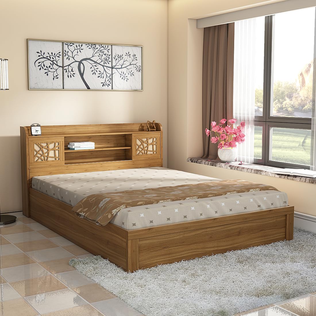 Spacewood Rayan Bed |King Size (78 X 72) Engineered Wood Bed with 3/4th Hydraulic Lifton Storage| 3 Year Warranty | Modern Design | Engineered Wood | Natural Teak-image-2