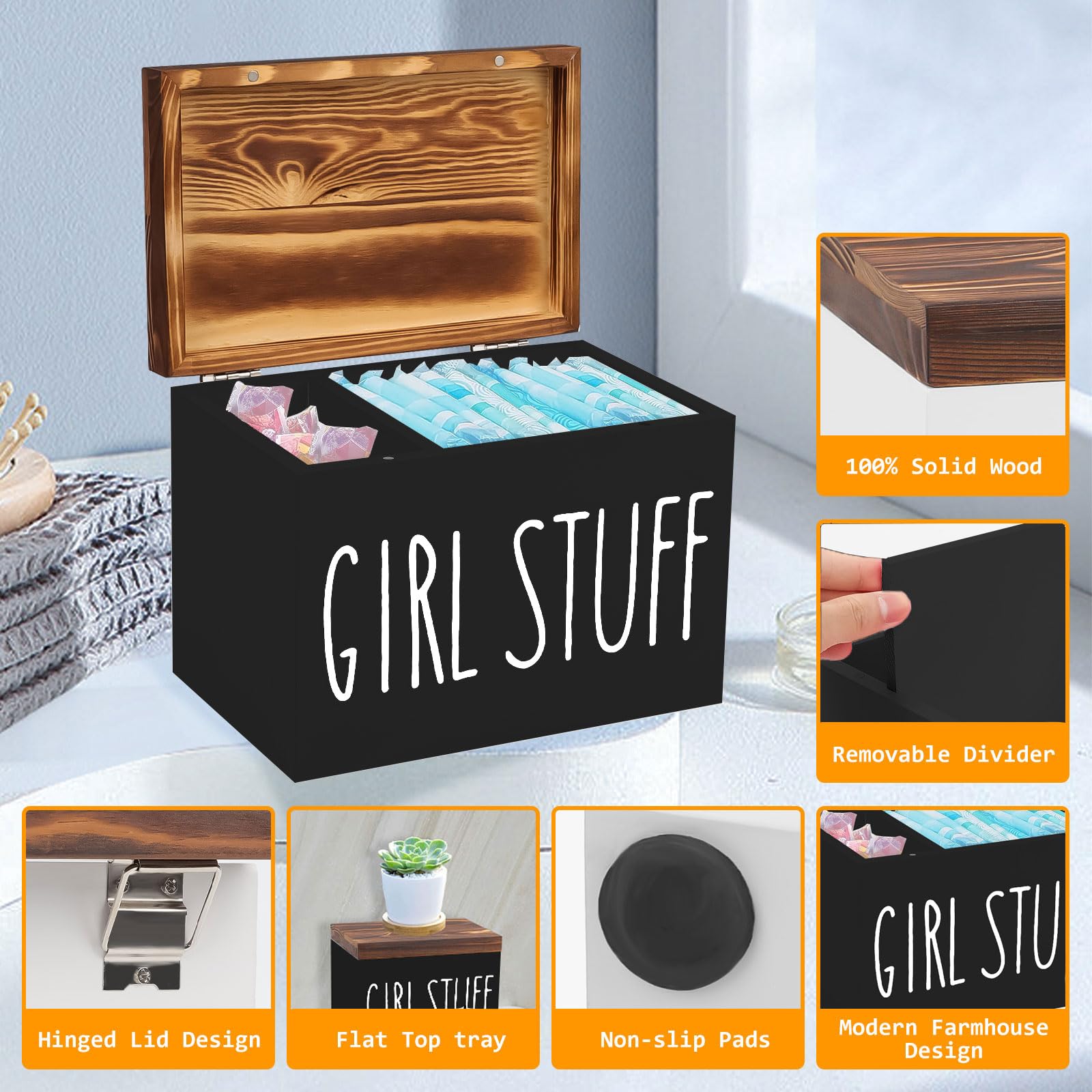 Porta Tamponi In Legno Per Bagno Con Coperchio - Organizer Prodotti Femminili, Contenitore Rustico Per Assorbenti E Cotton Fioc, 20.5x16.5x12.5 Cm