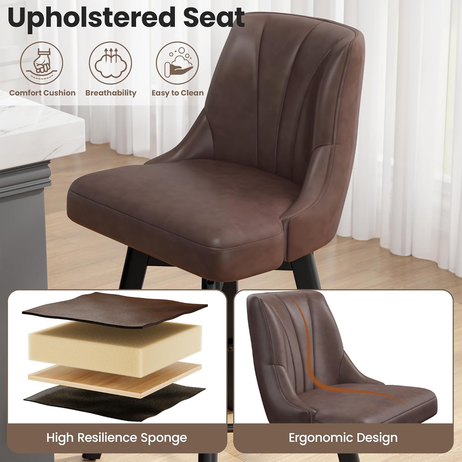 REONEY Counter Height Swivel Bar Stool, 24" Upholstered PU Leather Barstools Set of 2, Counter Stool Chair with Back & Solid Wood Legs for Kitchen Island Dining Room (Brown)