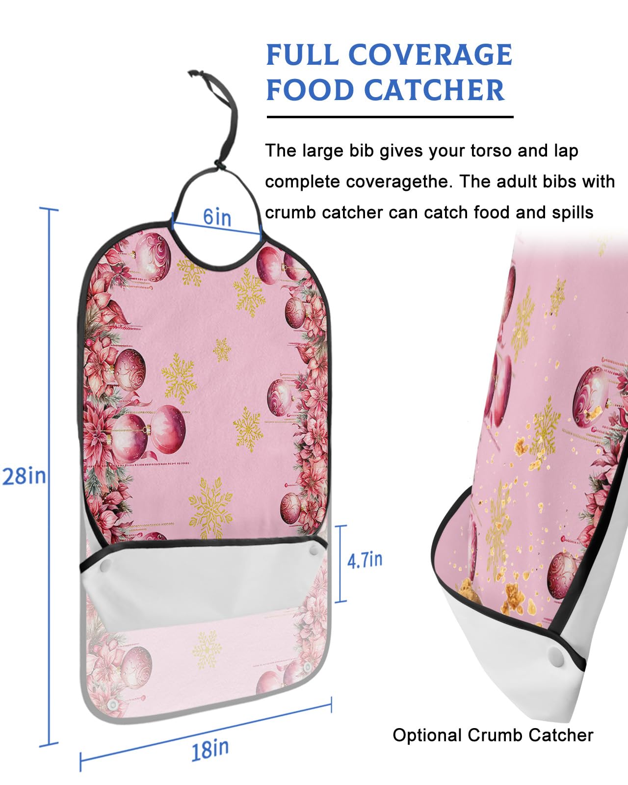 Christmas Snowflake Adult Bib for Adults Men, Women, Washable & Adjustable Terry Cloth Bib with Crumb Catcher Reusable Waterproof Clothing Clothes Protector Apron Xmas Winter Flower Red Pink Gold